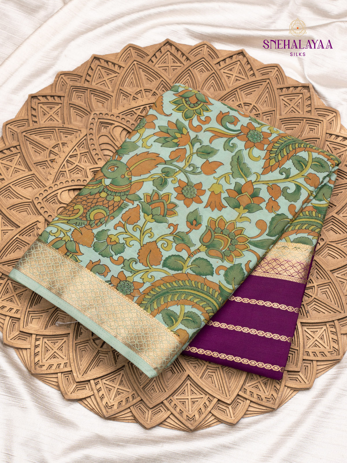 Purple Printed Mysore Silk Saree